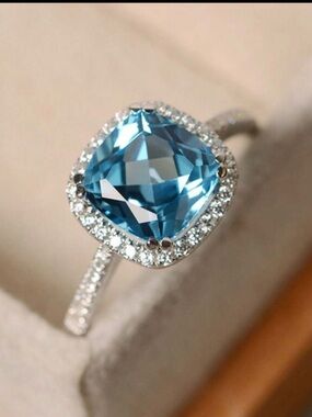 Cocktail Ring Blue Stone Diamond Halo 7